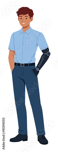 Modern illustration of a young man with a prosthetic arm depicting a confident and smiling individual for diversity and inclusion