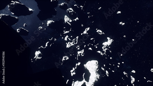 Foto vast asteroid canyon strewn with ice and boulders while mapping drone traces rid