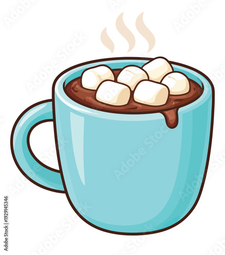 Cute hand drawn illustration of a hot chocolate mug depicting steam and marshmallows for a warm beverage