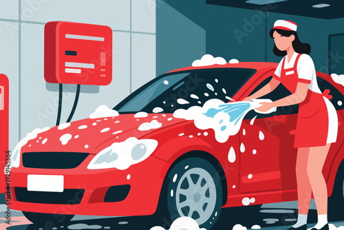 Woman in red and white uniform washing red car with blue sponge, soap suds on hood, indoor car wash facility with red machine in background.