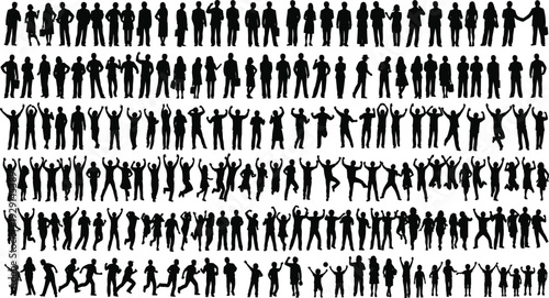 Diverse people silhouettes set, jumping children, walking adults, business figures, large group black vector.