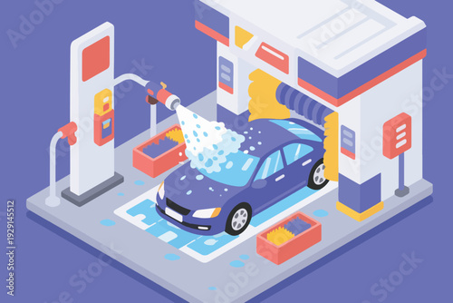 Isometric illustration of automated car wash station with blue car on track, water jets spraying, rotating brushes cleaning exterior, modern facility highlighting vehicle care.