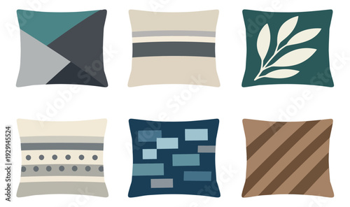 Modern flat design cushion set featuring geometric patterns, stripes, and a leaf motif for home decoration