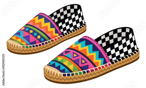Vibrant vector espadrilles set featuring colorful geometric and checkered patterns for summer fashion