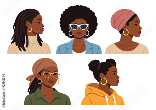Modern flat illustration African American women characters set featuring diverse hairstyles and accessories for profile pictures and identity