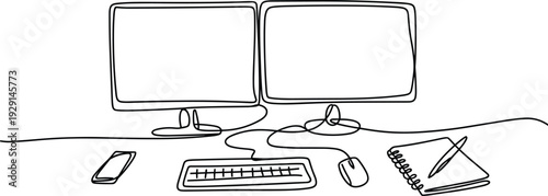 Minimalist line art modern workstation with monitors smartphone notebook flat vector
