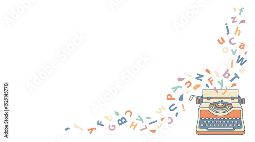 Vintage Typewriter Spewing Colorful Letters and Symbols, a Creative Writing, Blogging & Communication Concept, Flat Design Retro Pastel Vector Art, Isolated White Background with Copy Space
