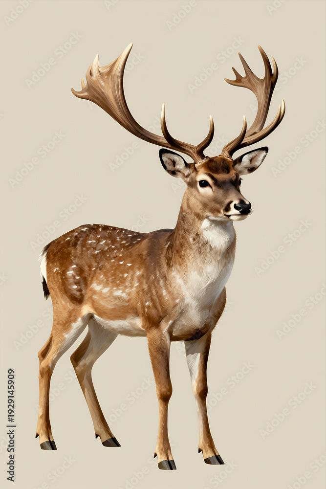 Obraz premium Realistic Illustration of a Majestic Deer with Large Antlers Standing in Profile Against a Neutral Beige Background, Ideal for Wildlife or Nature Themed Designs