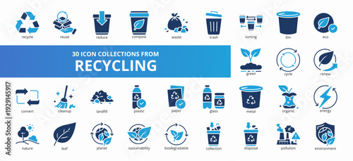 Set of 30 collection of recycling icons suitable for web and mobile application. Set of glyph blue style icons with recycle, reuse, reduce, compost, waste, and more icons.