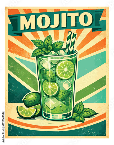 Vintage style illustration of a mojito cocktail depicting fresh mint, lime slices, and ice for summer beverage menus