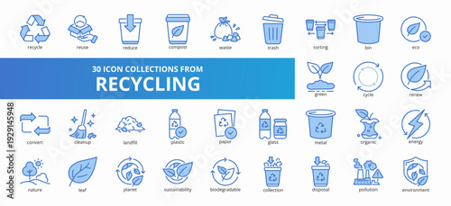Set of 30 collection of recycling icons suitable for web and mobile application. Set of outline blue style icons with recycle, reuse, reduce, compost, waste, and more icons.