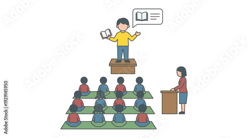 Teacher Students Group Lecturing Presenting Learning, Education Knowledge Training, Flat Design Line Art Simple Colors, Vector Illustration White Background