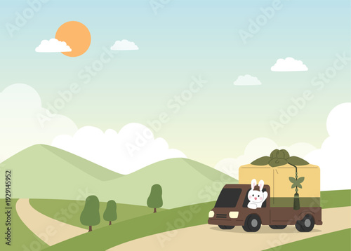 Korean thanksgiving delivery service with cute bunny character and harvest background