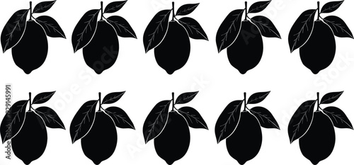 Black Lemon Silhouette Pattern Vector Set with Repeating Citrus Fruit Icon Design for Textile Packaging and Branding