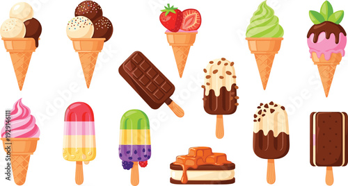 Assorted Ice Cream and Popsicle Vector Collection with Chocolate Bars, Strawberry Cones, Caramel Cake and Colorful Frozen Desserts