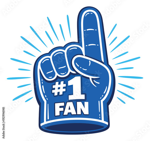 Graphic illustration of a blue foam finger depicting number one fan support for sports and cheering events