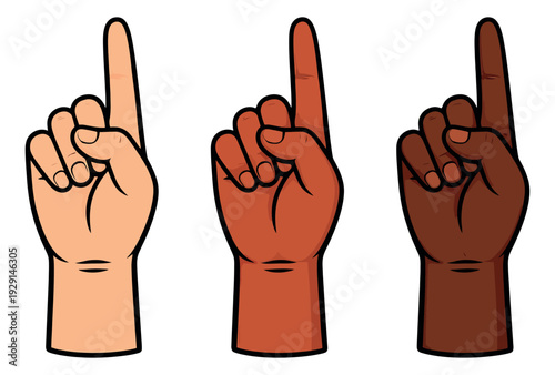 Cartoon line art hand gesture set featuring three diverse hands showing the number one sign for concepts of unity and achievement