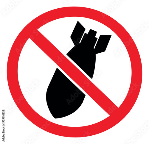 Graphic illustration of a prohibition sign depicting a ban on bombs for peace and anti-war concepts