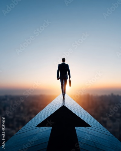 Wallpaper Mural Businessman Walking on a Towering Arrow Towards a Bright Future, Symbolizing Goal Setting and Strategic Success in a Vertical Landscape at Sunset Torontodigital.ca