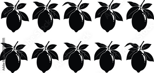 Black Lemon Silhouette Vector Set with Repeating Citrus Fruit Icons for Pattern Design Branding and Packaging
