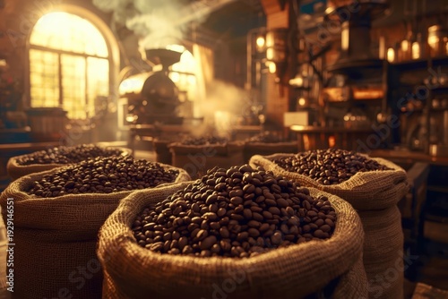 A coffee roaster is shown with bags of coffee beans inside