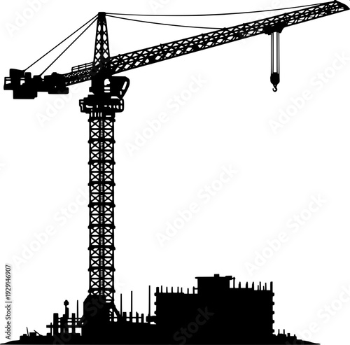 Construction site silhouette with tower crane and unfinished building, black flat vector illustration, architectural structure, white background, minimal design
