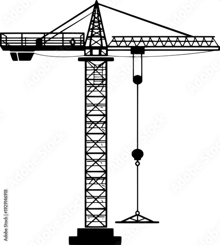 Construction site silhouette with tower crane and unfinished building, black flat vector illustration, architectural structure, white background, minimal design