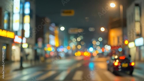 Blurry view of a city street at night with glowing bokeh lights