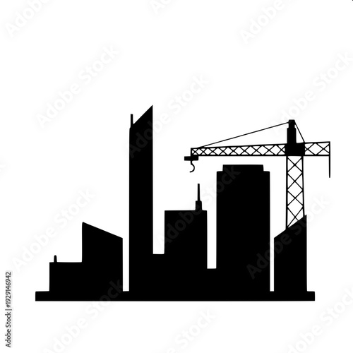 Construction site silhouette with tower crane and unfinished building, black flat vector illustration, architectural structure, white background, minimal design