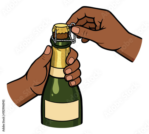 Hand drawn illustration of hands depicting uncorking a champagne bottle for celebration