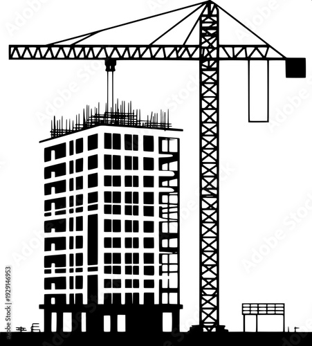 Construction site silhouette with tower crane and unfinished building, black flat vector illustration, architectural structure, white background, minimal design