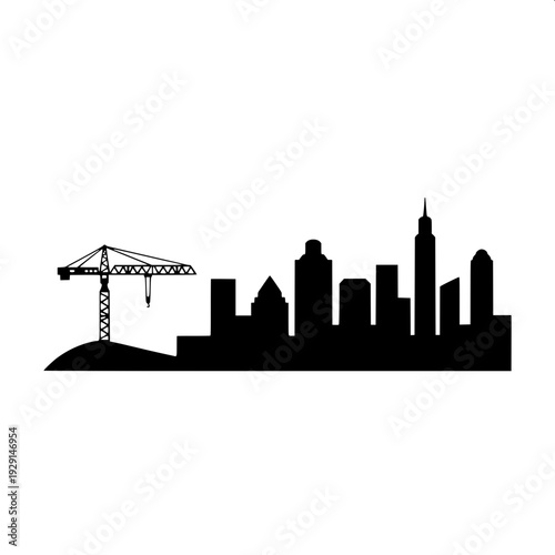 Construction site silhouette with tower crane and unfinished building, black flat vector illustration, architectural structure, white background, minimal design