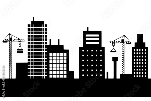 Construction site silhouette with tower crane and unfinished building, black flat vector illustration, architectural structure, white background, minimal design