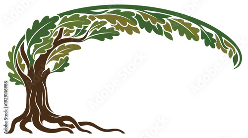 Oak Tree Roots & Leaves Arching Foliage Design Element Nature Growth Environment Stylized Flat Vector Green Brown Isolated White Copy Space