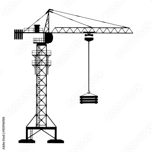 Construction site silhouette with tower crane and unfinished building, black flat vector illustration, architectural structure, white background, minimal design