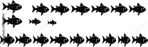 School of fish swimming silhouette set, marine aquatic life animals collection, sea underwater creatures, cad drawing flat vector illustration, nature wildlife icons isolated