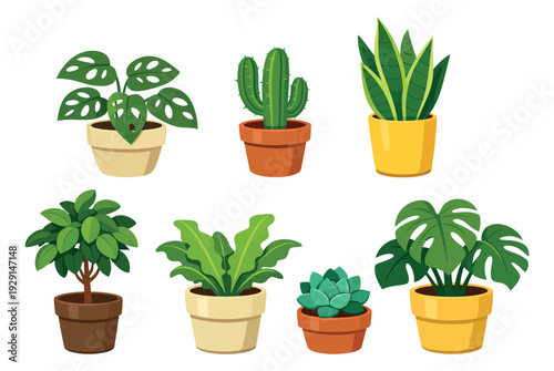 Modern flat design houseplant set featuring various indoor plants like monstera, cactus, and snake plant for home and garden decoration