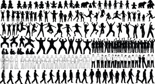 People silhouettes collection, children playing, adults walking, crowd of men and women, black vector.