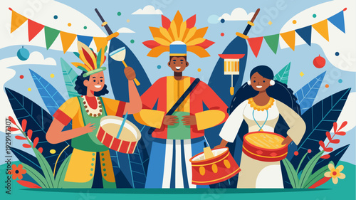 Happy people playing drums at colorful brazilian carnival festival with traditional costumes and festive decorations flat vector illustration