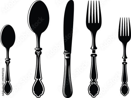 Vintage cutlery silhouette set including spoon, knife and fork isolated on white background, elegant kitchen utensil vector illustration for restaurant dining and tableware design