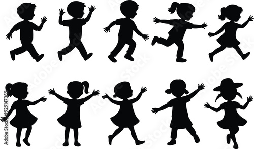 WebChildren silhouettes playing, running, dancing, joyful poses, boys and girls, childhood activity, social interaction, energy, fun, vector illustration, black silhouette, isolated