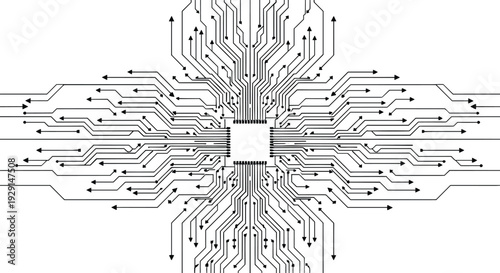 Abstract Microchip Circuit Board Illustration featuring Symmetrical Electronic Lines, CPU Processor Hardware Design, Digital Tech Pattern, and CAD Drawing Flat Vector