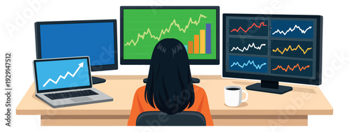 Flat design illustration of a trader at a multi-monitor desk depicting analyzing financial charts for stock market investment