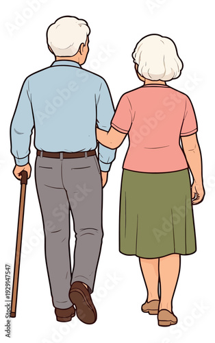 Hand drawn illustration of an elderly couple depicting them walking arm in arm with a cane for themes of aging and companionship