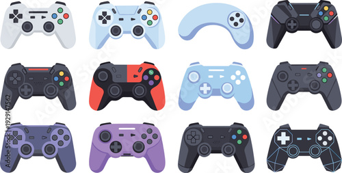 Modern Game Controller Vector Set with Wireless Console Gamepads, Joysticks and Colorful Gaming Devices Collection