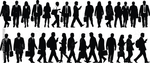 Professional business people silhouettes walking with briefcases, office workers commuting, black flat vector collection.