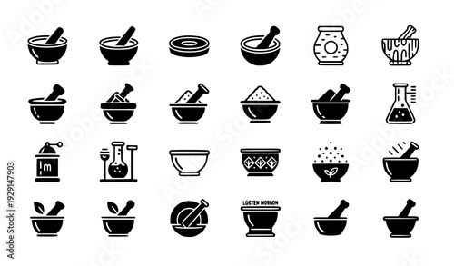 Minimal Mortar and Pestle Vector Icons Collection for Culinary and Medical Use
