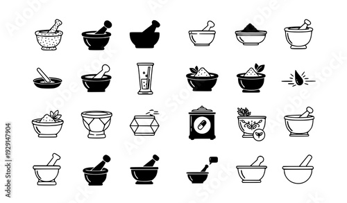 Herbal and Kitchen Mortar Pestle Vector Icon Pack with Flat Simple Design