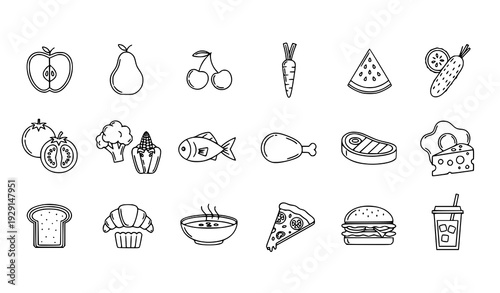 Grocery and Culinary Line Icons Pack with Fruits, Vegetables, and Meals Vector