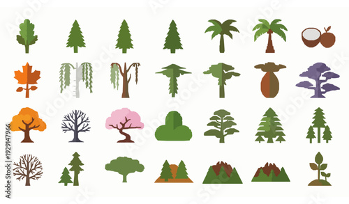 Flat Tree Vector Icons Pack with Forest, Park, and Nature Symbols